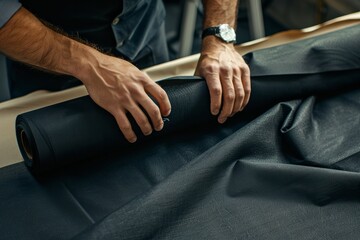 Fototapeta premium Man couturier is straightening a roll of black fabric.