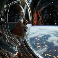 An astronaut looks out the window of the space station looking at the earth with curiosity - 5