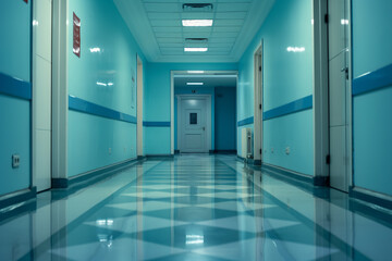 Long blue empty hospital hallway with shiny floor tiles