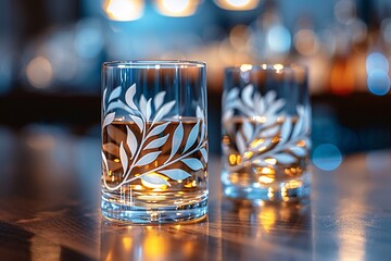 Elegant table setting featuring glasses with white leaf patterns and a warm, ambient lighting.
