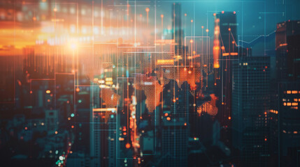 A futuristic cityscape with digital data overlay, showcasing technology, innovation, and the interconnected world of smart cities.