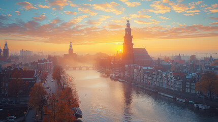 Naklejka premium Amsterdam, Netherlands city skyline created with Generative AI technology