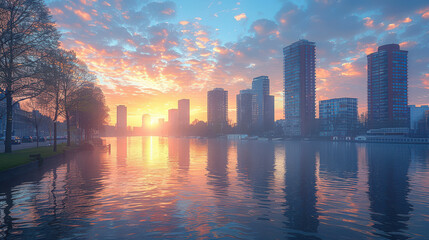 Fototapeta premium Amsterdam, Netherlands city skyline created with Generative AI technology
