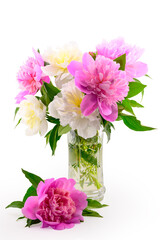 bouquet of white and pink peonies in a vase