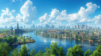 Naklejka premium Amsterdam, Netherlands city skyline created with Generative AI technology