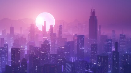 Fototapeta premium A dreamlike city skyline with skyscrapers silhouetted against a radiant pink and purple sky, resembling a sci-fi future