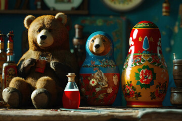 Row of wooden painted toy nesting dolls. Matryoshka bears, vodka and rocket on wooden desk. Stereotypical characters about Russia.