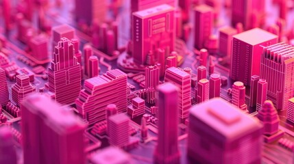 Obraz premium A detailed model of an urban cityscape with a monochromatic pink filter, highlighting intricate miniature buildings and streets