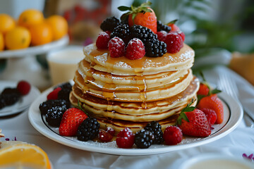 Stack of pancakes topped with fresh berries and syrup, perfect for breakfast-themed designs, culinary blogs, or food advertisements.