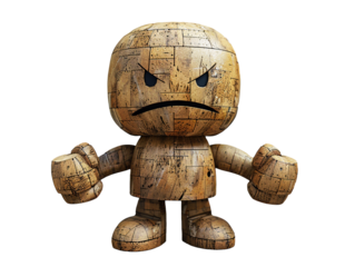 Wooden 3D Minimalist Figure Expressing Anger on White Background