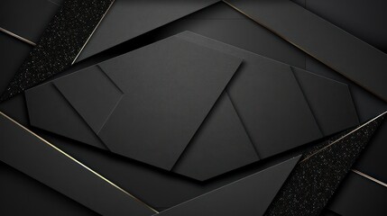 An elegant and modern design featuring overlapping black cards with golden glitter accents and edging on a dark, sleek background