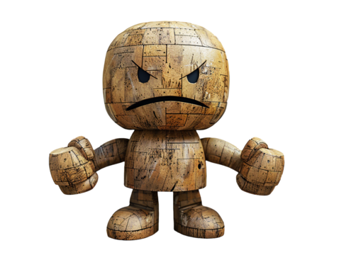 Wooden 3D Minimalist Figure Expressing Anger on White Background