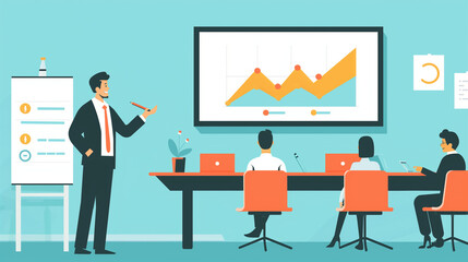 A flat illustration of a CEO presenting company growth data to the board of directors, flat illustrations, business, office, with copy space