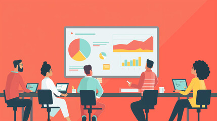 A flat illustration of a Workshop session with employees brainstorming and reviewing data on a whiteboard, flat illustrations, business, office, with copy space