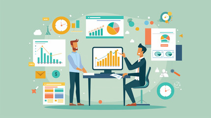 Fototapeta premium A flat illustration of a Business partners negotiating while reviewing data insights, flat illustrations, business, office