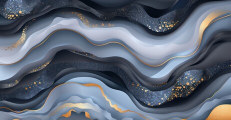 digital illustration featuring abstract wavy layers in shades of gray with gold glitter and gold leaf accents