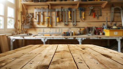 empty wooden table in the foreground; blurred background with carpentry tools on the wall. wooden background