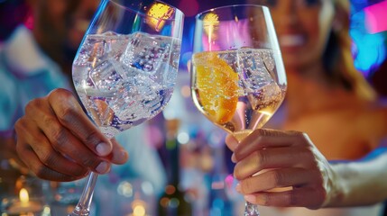 Two hands holding glasses in a celebratory toast with ice and slices of citrus fruit, with a blurred party background