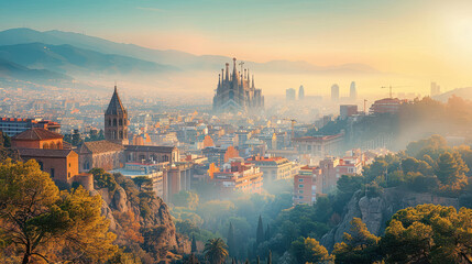 Obraz premium Barcelona, Spain city skyline created with Generative AI technology
