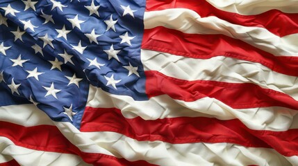 Obraz premium Detailed image showing the stars and stripes of an American flag, focusing on the texture and fabric folds