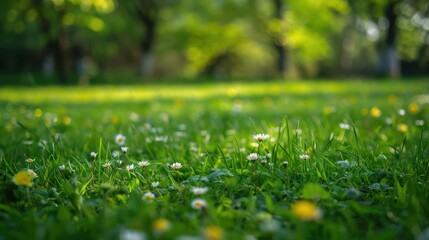 A vibrant image capturing sunlight filtering through trees onto a meadow embellished with small daisies, depicting a tranquil park scene
