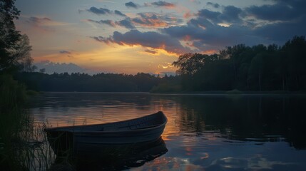 A serene twilight picture capturing a still boat on a calm lake against a backdrop of a colorful sunset sky and trees