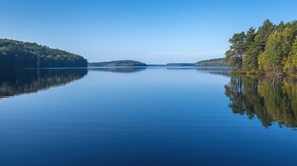 Obraz premium A calm and tranquil lake with reflections of forested islands and clear blue sky, perfect for serene landscapes