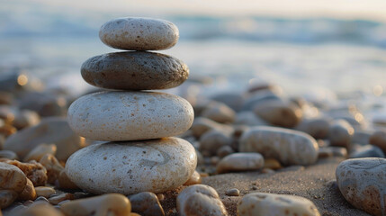 Balanced stack of smooth pebbles on a sandy beach at sunrise, symbolizing tranquility and balance in nature.