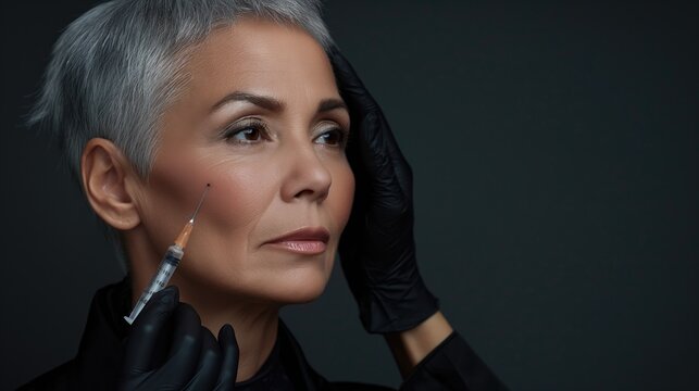 Beautiful mature woman receiving botox injection in her face at beauty salon, black background poster copy space