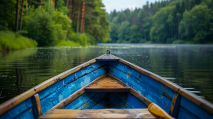 Obraz premium View from a blue wooden boat on a calm lake surrounded by dense forest, capturing a peaceful nature scene.