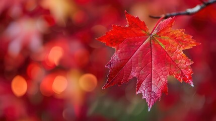 Fototapeta premium A striking red maple leaf stands out against a blurred bokeh background of warm autumn colors, capturing the essence of fall