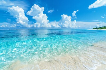 Obraz premium Tropical beach with clear turquoise water under a blue sky with fluffy clouds.