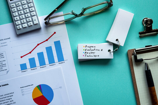 There is word card with the word Program Evaluation and Review Technique. It is as an eye-catching image.
