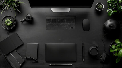 A sleek black desk workspace with computer, camera, plants, and office supplies, showcasing minimalistic and modern design.
