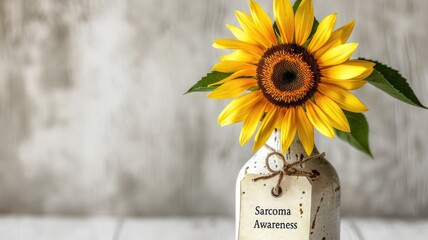 Sunflower in jar with "Sarcoma Awareness" tag indoors