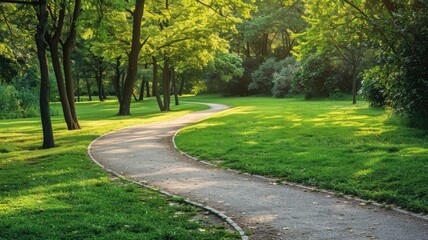 Fototapeta premium Sunlit pathway winding through lush green park with trees and grass