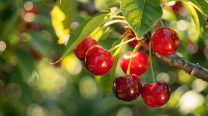 Obraz premium Close-up of ripe red cherries hanging from a tree branch, basking in sunlight, showcasing fresh and vibrant fruit.