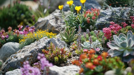 Planting flowers and succulents in a rock garden
