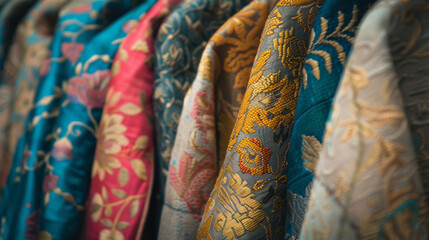 Elegant, intricately patterned fabrics in vibrant colors hanging side by side, showcasing rich textures and detailed designs.