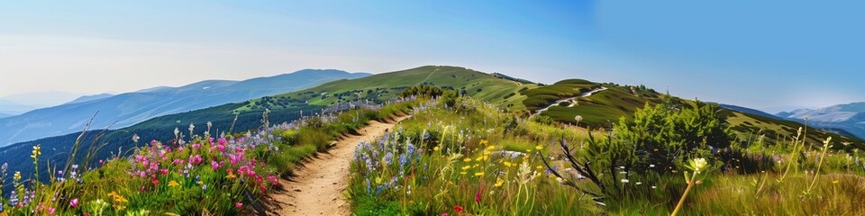 Scenic mountain trail under a clear sunny sky, with blooming wildflowers and a winding path, offering space for summer adventure text.