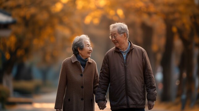 Elderly Asian couple walking hand in hand through fall foliage.