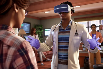 Naklejka premium A male employ wearing a virtual reality headset, holographic screen A business woman working on a futuristic project using augmented reality