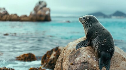 Seal resting on a boulder against a backdrop of the sea