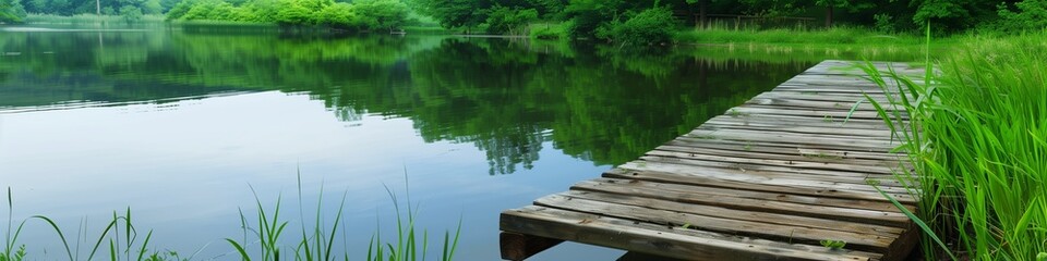 Obraz premium Serene lakeside scene with a wooden pier, calm reflective water, and lush green surroundings, providing ample copy space for summer announcements.