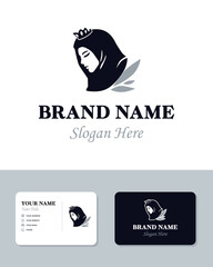 Hijab women logo illustration template in a black and white monochrome concept, symbolizing female elegance and cultural identity.