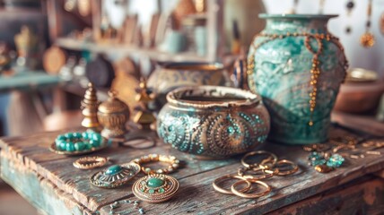 Boho-style jewelry and pottery on rustic wooden table