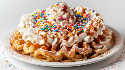 Funnel cake topped with whipped cream, caramel sauce, and colorful sprinkles, served on a white plate, creating a festive dessert.