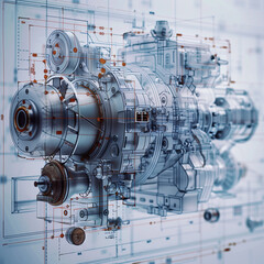 A drawing of a machine with a lot of detail and a futuristic look. Concept of innovation and progress