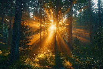 Fototapeta premium Dramatic Woodland Scene with shafts of light coming through the Trees. Beautiful Sunrise Nature Background