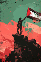 palestinian victory on the ruins of gaza, illustration, colors of palestinian flag, vector art, symmetric